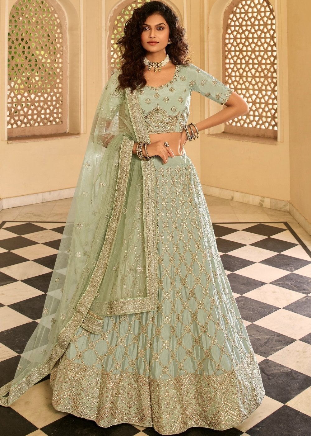 Sage Green Crepe with Embroidery Dori ...